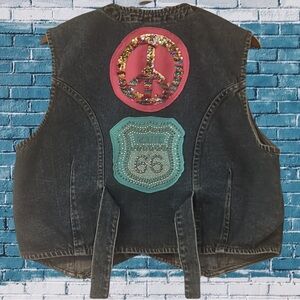 Upcycled Route 66 sequin peace sign patched vintage denim jean vest